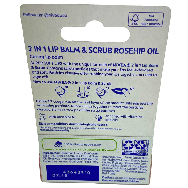 NIVEA 2 in 1 Lip Balm & Scrub Rosehip Oil 0.17 oz 20 Pack New