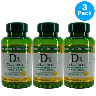 Nature's Bounty D3 25 mcg 1000 IU Immune Health 250 Softgels Exp 05/29 3 Pack