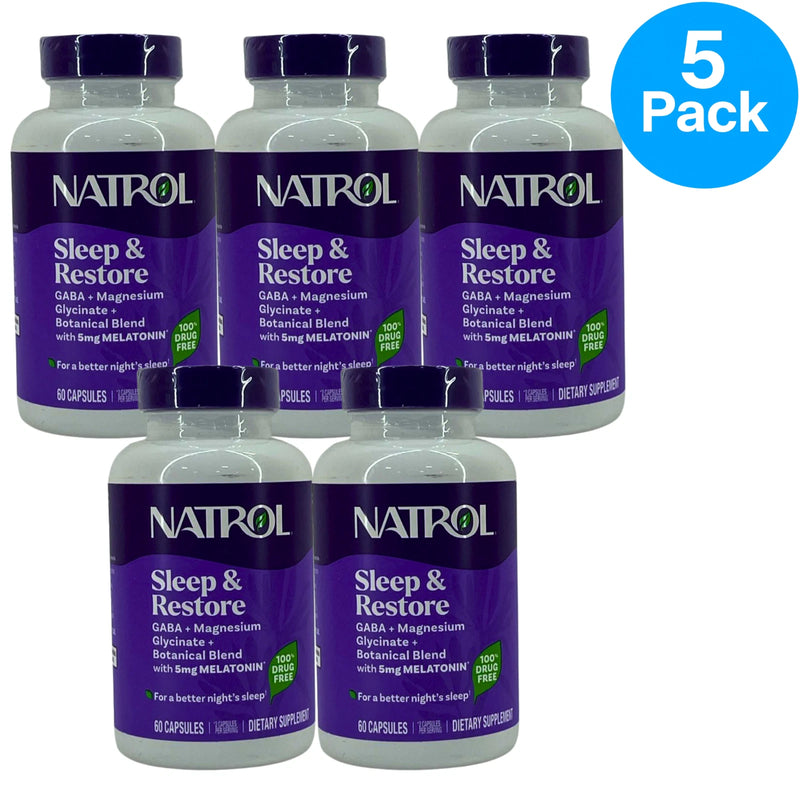 Natrol Sleep & Restore Melatonin 5mg GABA Magnesium Glycinate 60 Capsules 5 Pack