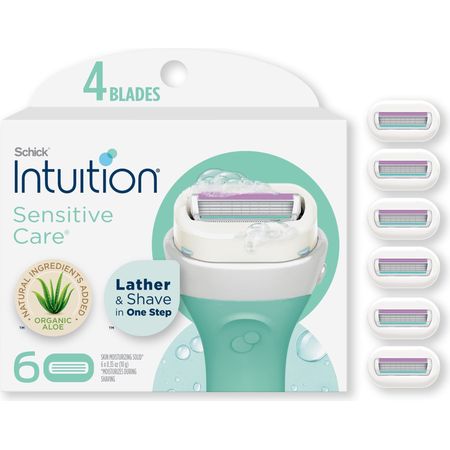 Schick Intuition 4-Blade Sensitive Care Women's Razor Cartridge Refills, 6 Ct, Lather & Shave in One Step, With Aloe & Vitamin E