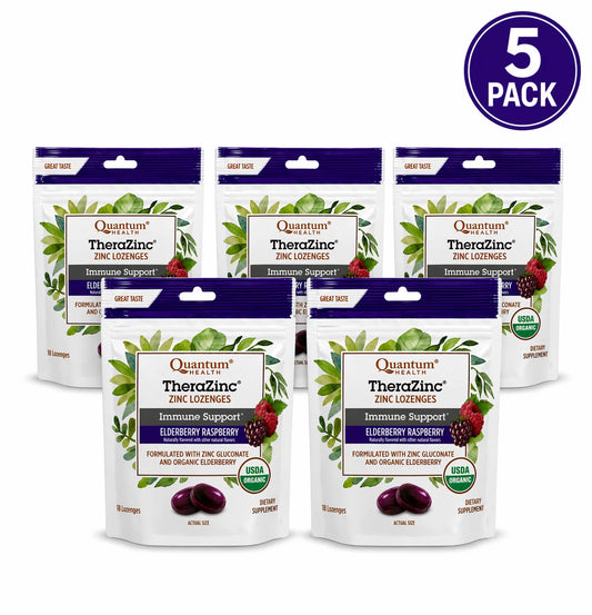 Quantum TheraZinc Elderberry Raspberry Zinc Lozenges 5 pack 18ct boxes immune supplement