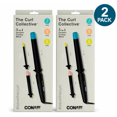 Conair Curl Collective 3-in-1 ceramic curling wand with interchangeable barrels and 2-pack set