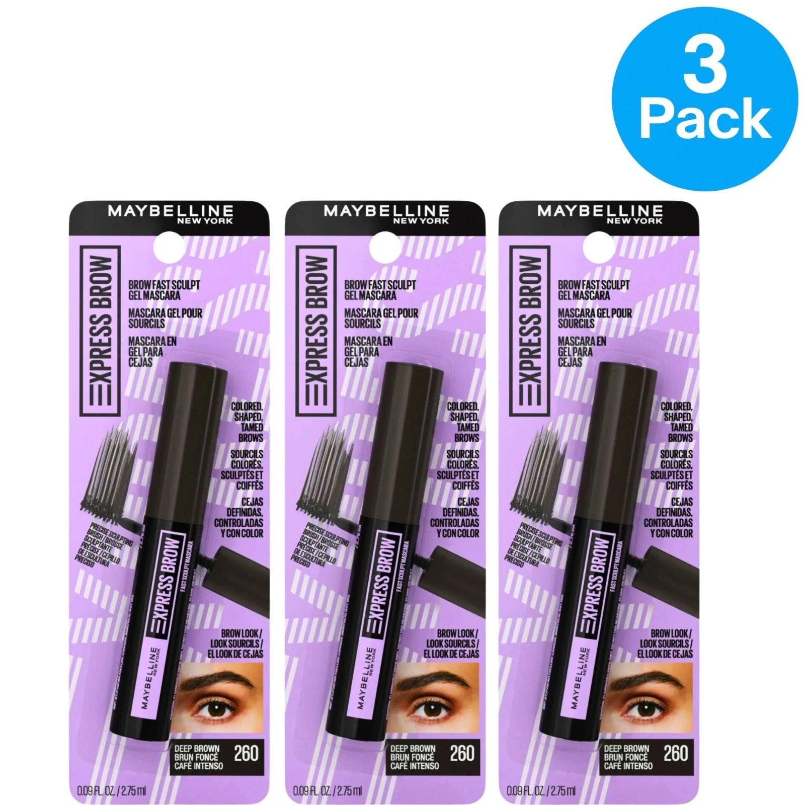 Maybelline Express Brow Gel Mascara 0.09oz Deep Brown 260 3 Pack New