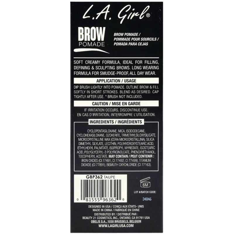 L.A. Girl Brow Pomade GBP362 Taupe 0.11 oz NIPS Smudge-Proof Water-Resistant - 1 Pack