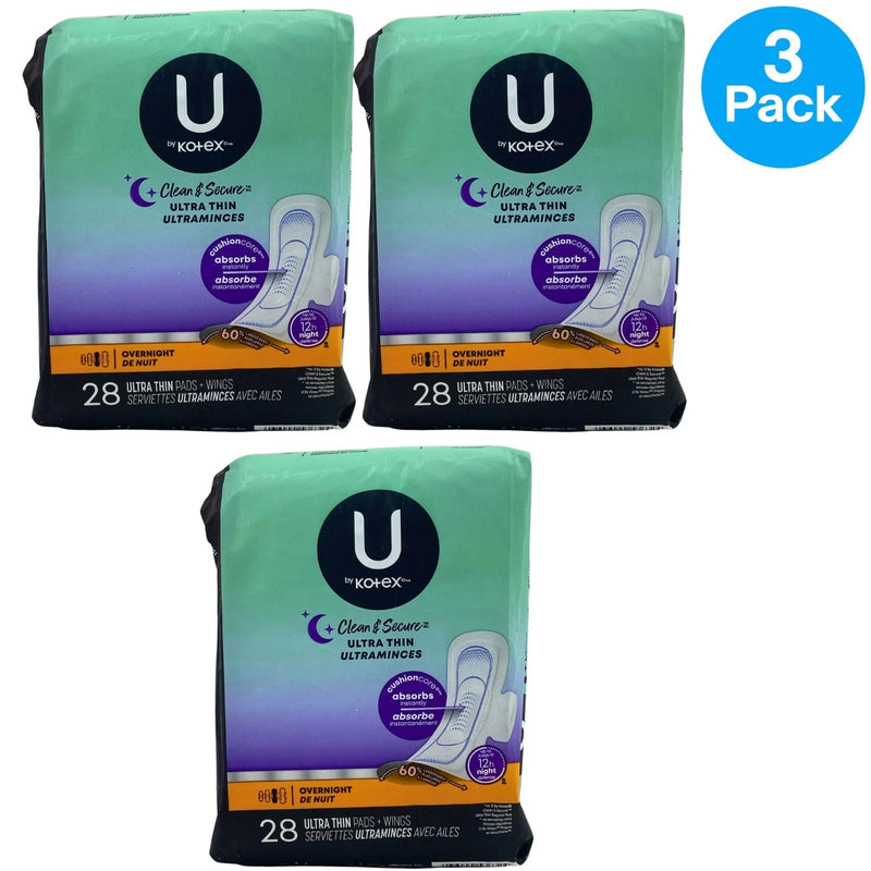 U by Kotex Clean & Secure Ultra Thin Pads Wings Overnight 28ct 3 Pack New