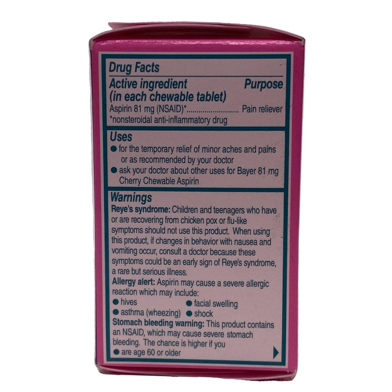Bayer Chewable Aspirin 81 mg Cherry 36 Count 4 Pack New Exp 02/27