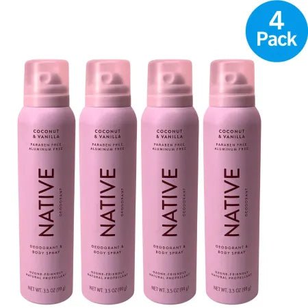 Native Coconut & Vanilla Deodorant Body Spray 3.5 OZ 4 Pack New