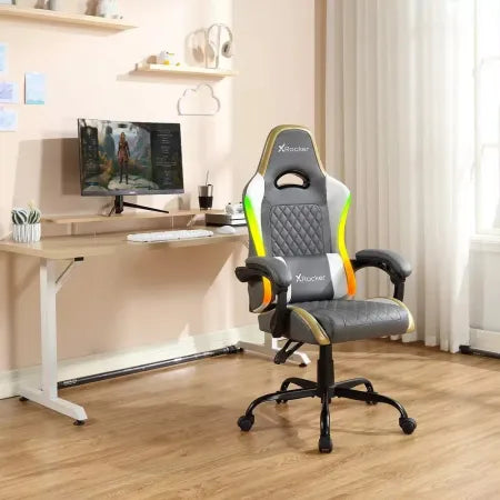 X Rocker RGB LED Extra Comfort Ergonomic PC Gaming Chair Gray/White/Gold 7