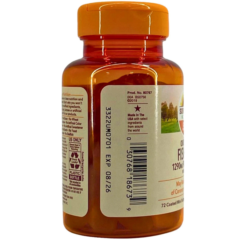 Sundown Non-GMO Odor-Less Fish Oil 1290mg Omega-3 900mg 72 Softgels 3 Pack New