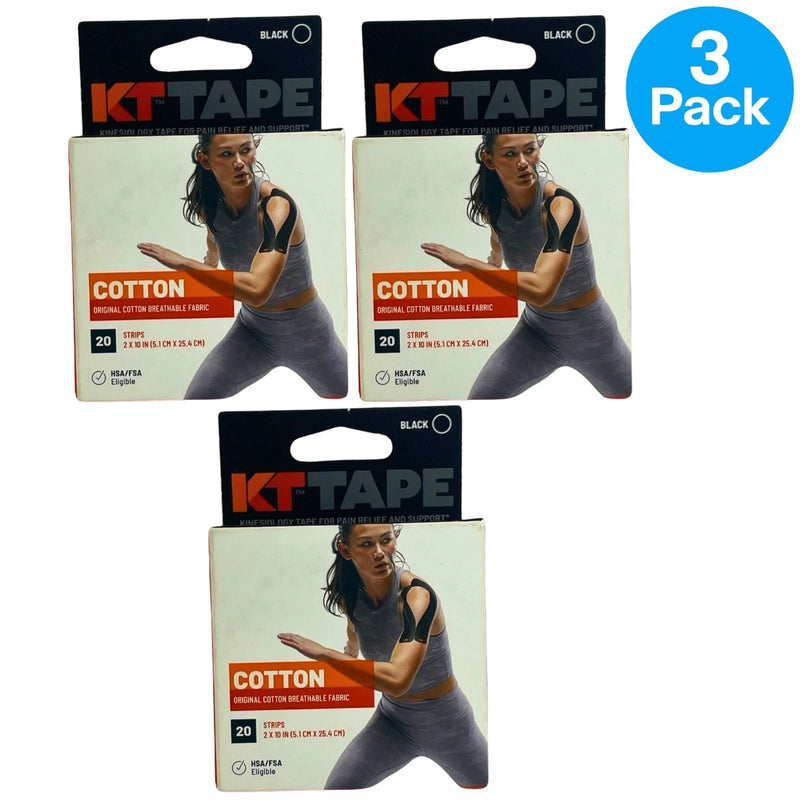KT Tape Original Cotton Kinesiology Tape Pre-Cut Strips Black 20 Ct 3 Pack New