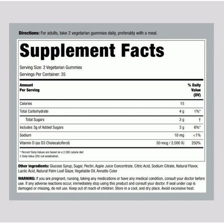 Piping Rock Vitamin D3 2000 IU Gummies 70ct 3 Pack New