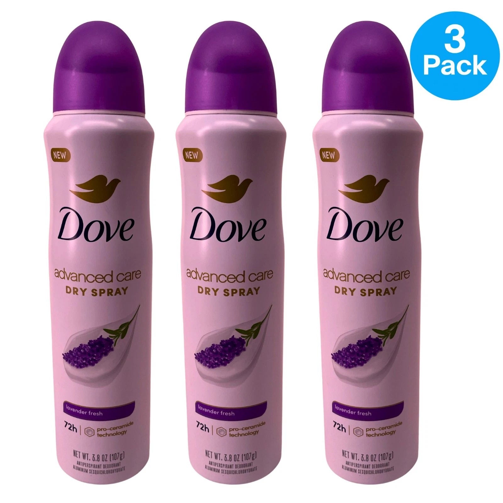 Dove Advanced Care Dry Spray Lavender Fresh 72H Deodorant 6.8oz 3 Pack EXP 09/27