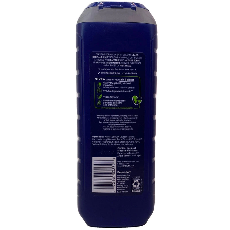 NIVEA Men Boost 3-in-1 Body Wash Citrus Caffeine 16.9 fl oz 2 Pack New