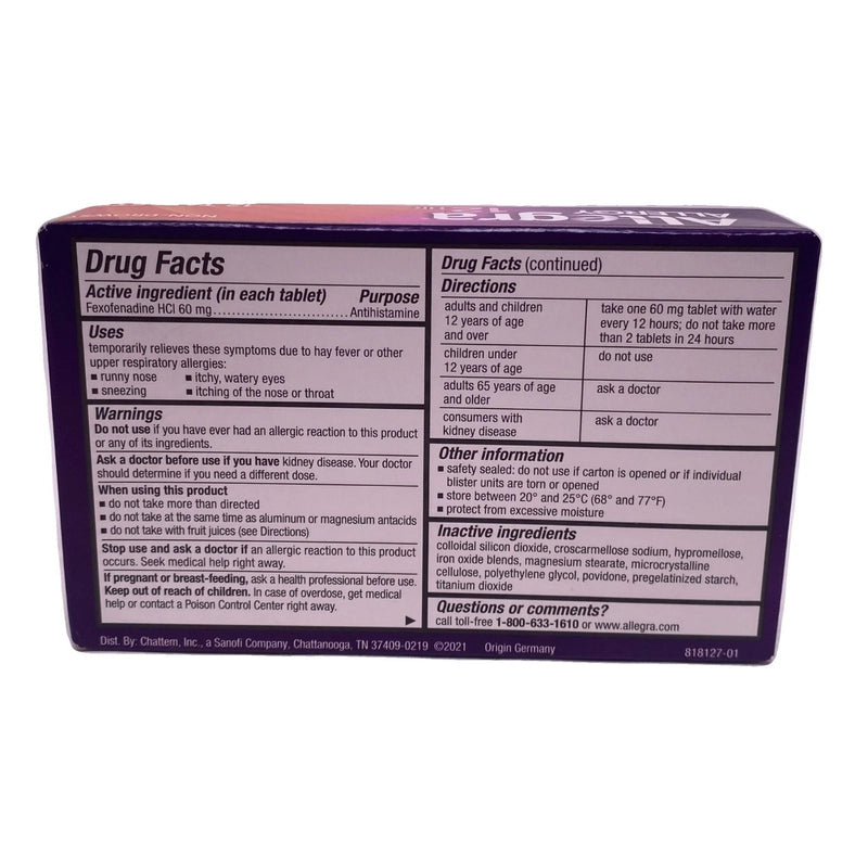 Allegra Allergy Fexofenadine 60mg 12 Hour 12 Tablets 2 Pack New Exp 08/27