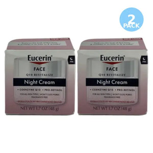 Two bottles of Eucerin Q10 Revitalize Night Cream for anti-aging skincare treatment