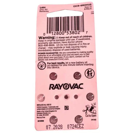 Rayovac Size 13 Hearing Aid Batteries 48 Count (8 Packs) Exp 07/2028