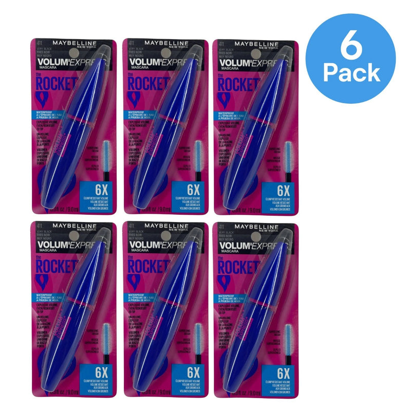 Maybelline Volum' Express The Rocket Waterproof Mascara Very Black 6 Pack New