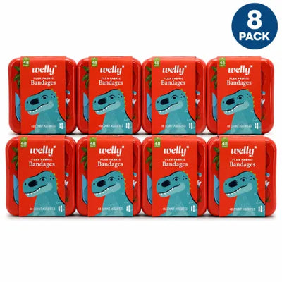 Welly Flex Fabric Dinosaur Pattern Bandages in assorted sizes, 48-count 8-pack tin