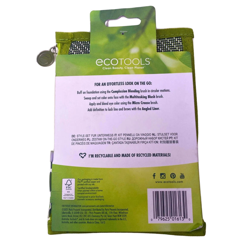 EcoTools On-The-Go Style Kit Travel Makeup Brush Set with Cosmetic Bag 4 Pieces