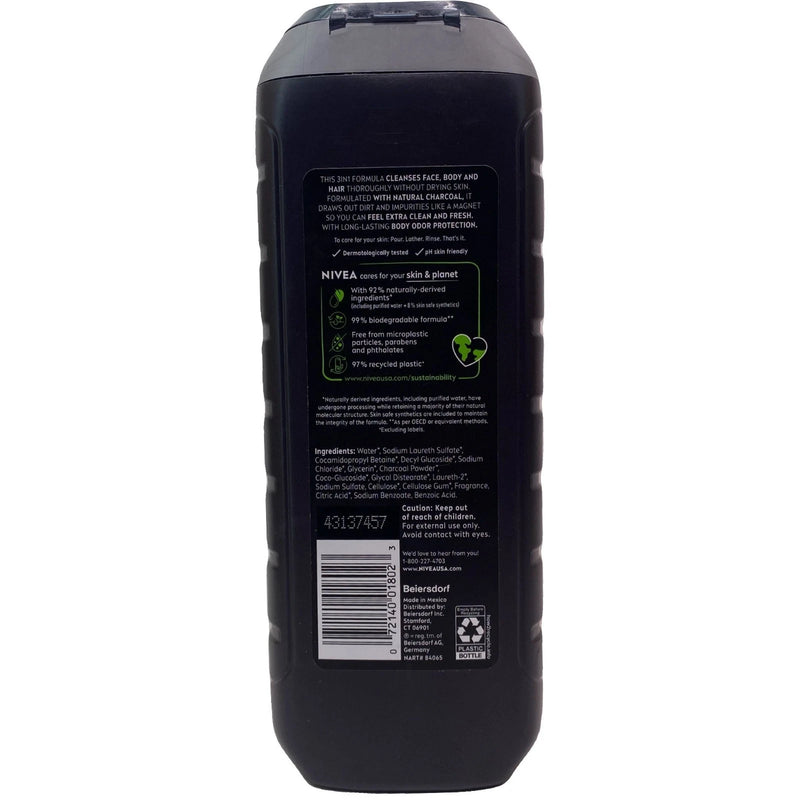 NIVEA Men Active Clean 3-in-1 Body Wash Charcoal 16.9 oz 8 Pack New