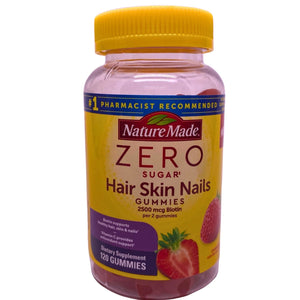 Nature Made Zero Sugar Hair Skin Nails Gummies 2500 mcg Biotin Strawberry 120 Ct