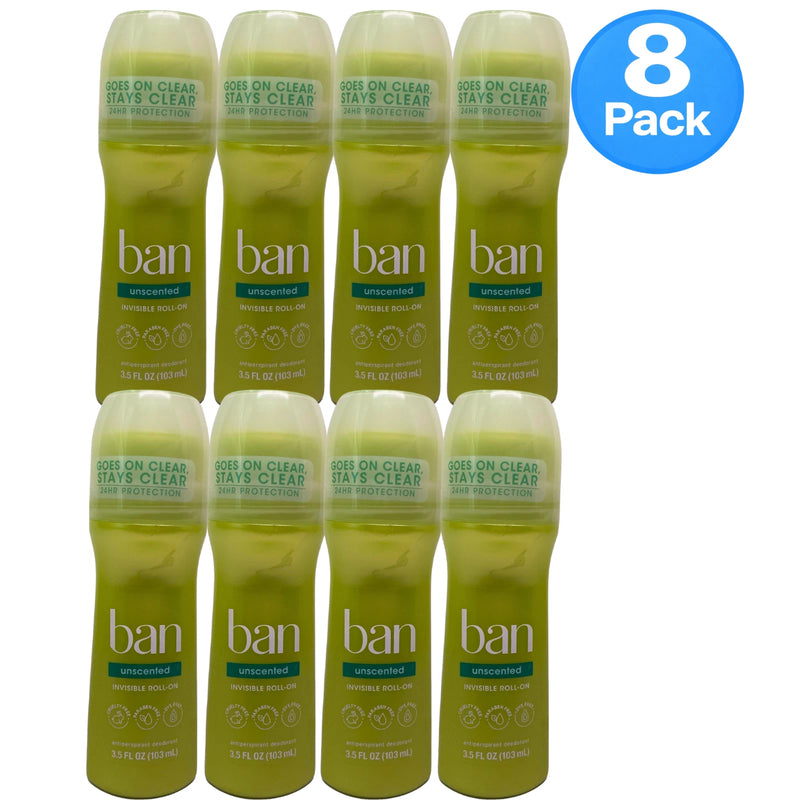 Ban Unscented Invisible Roll-On Antiperspirant Deodorant 3.5 oz 8 Pack Exp 11/26