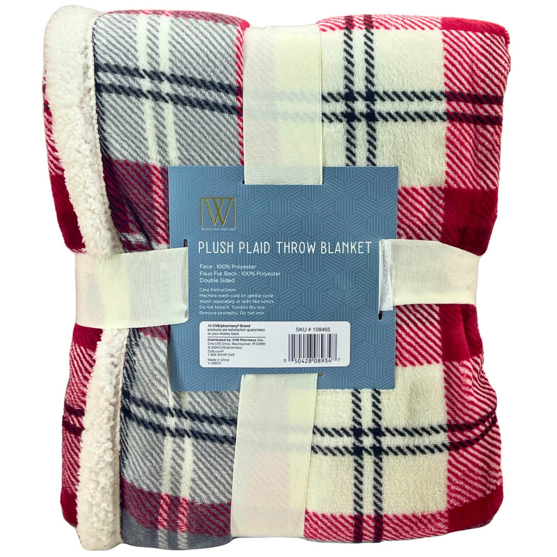 Wayland Square Plush Plaid Throw Blanket Red Cream Sherpa Faux Fur Back 50 in x