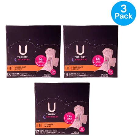 U by Kotex Balance Overnight Pads Ultra Thin Wings 13 Ct (3 Pack)