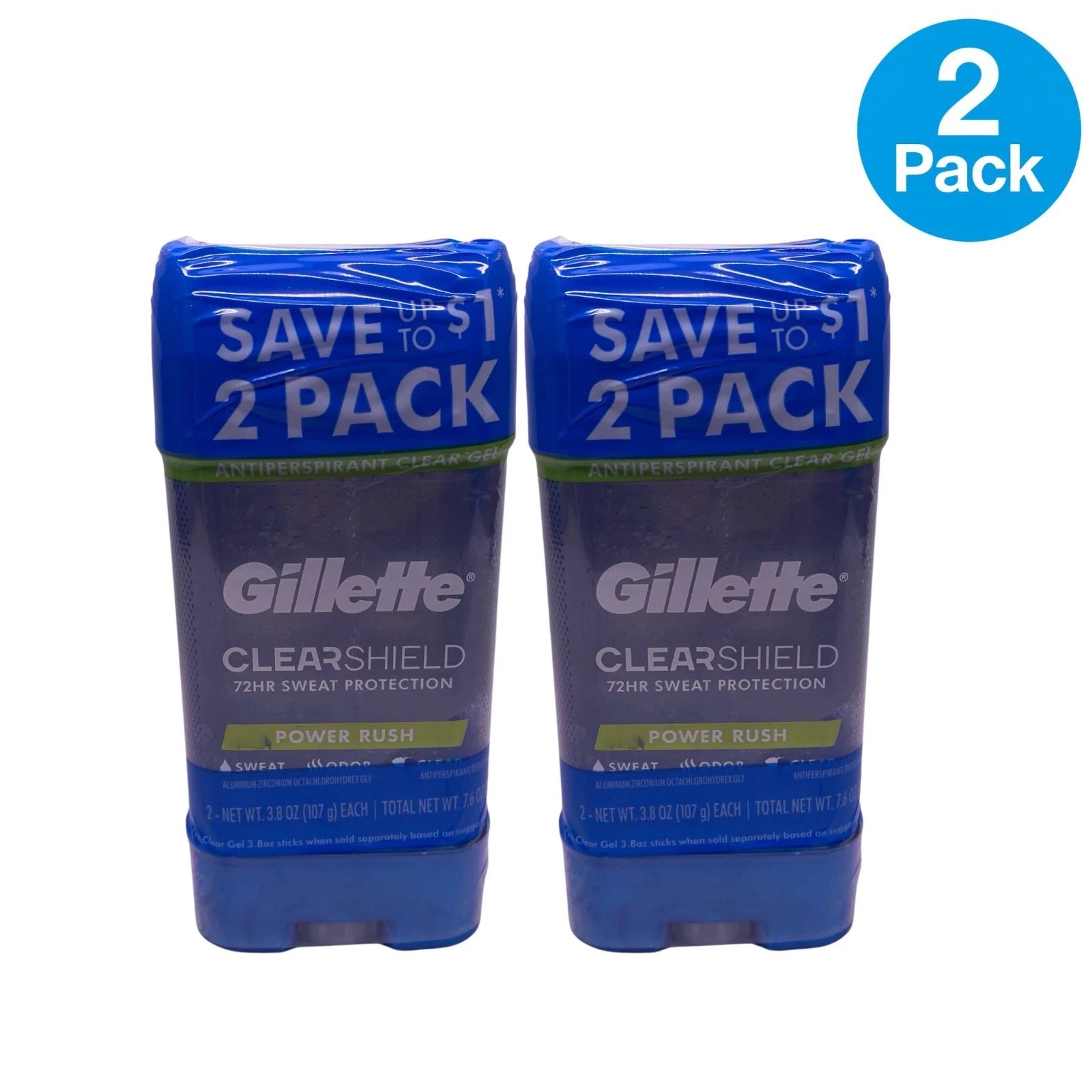 Gillette ClearShield Power Rush Antiperspirant Gel 3.8 oz 2 Pack New