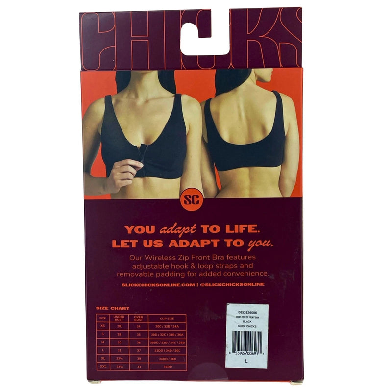 Slick Chicks Front-Zip Wireless Bra Black Size Large 2 Pack New