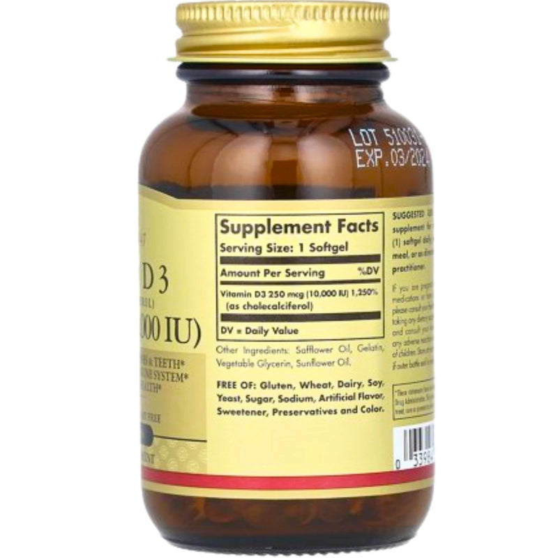 Solgar Vitamin D3 250 mcg 10,000 IU Immune Bone Health 120 Softgels 4 Pack New