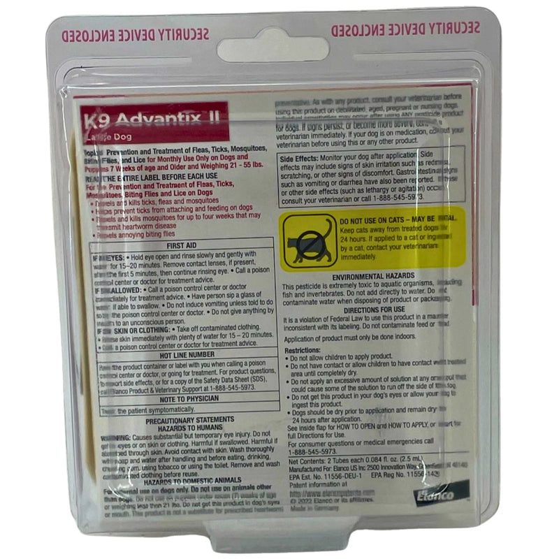 Elanco K9 Advantix II Flea Tick Prevention Large Dogs 21-55 lbs 2 Doses 1 Pack