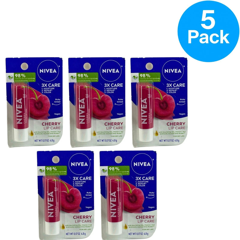 Nivea Cherry Tinted Lip Care Balm Ruby Tinted 0.17oz 5 Pack Bundle