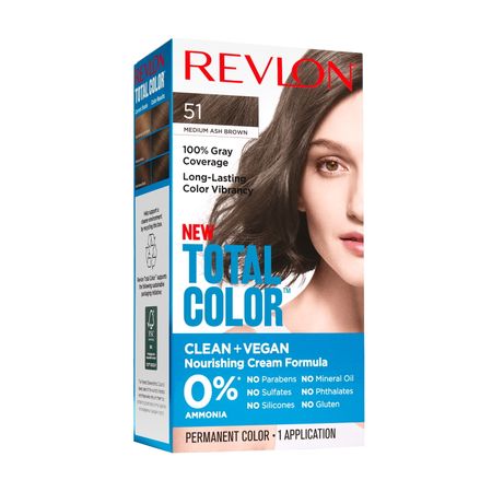 Revlon Total Color Permanent Hair Color, Clean and Vegan, 100% Gray Coverage Hair Dye, 51 Medium Ash Brown, 5.94 fl oz