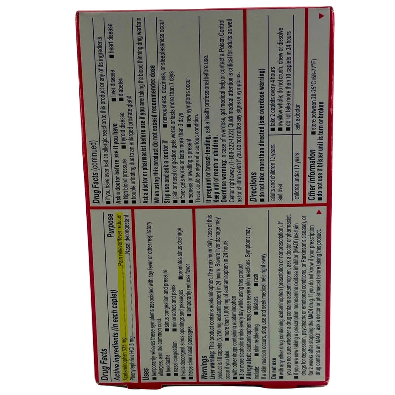 Tylenol Sinus + Headache Day Non-Drowsy Caplets Acetaminophen 24 Ct Exp 10/26