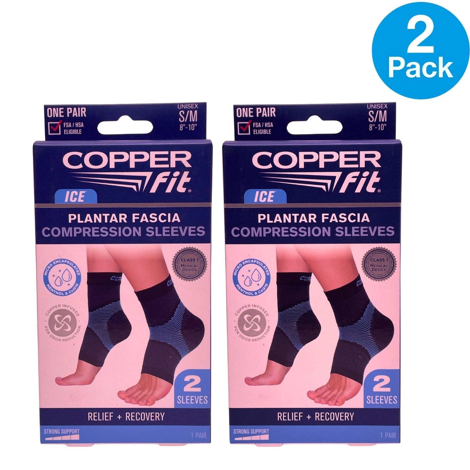 Copper Fit Ice Plantar Fascia Compression Sleeves S/M 2 Pack New