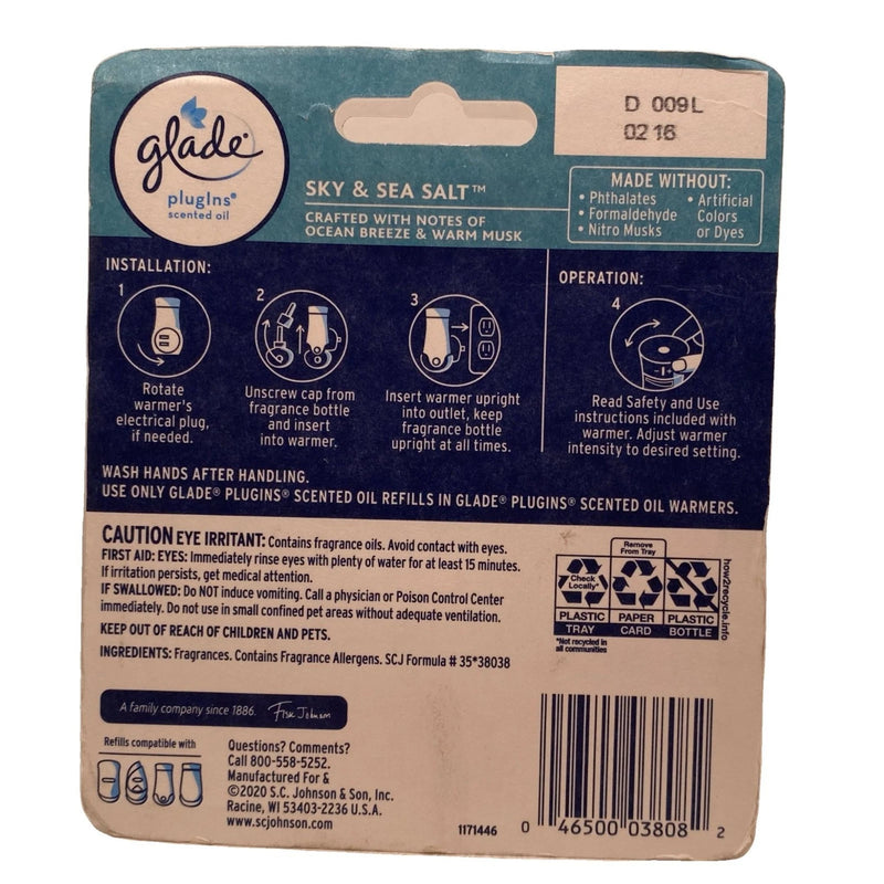 Glade PlugIns Sky & Sea Salt Scented Oil Refills 2 Pack New