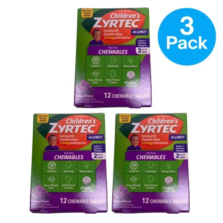 Children's Zyrtec 2.5mg 12 Chewables 3 Pack New 05/27