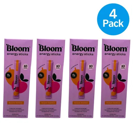 Bloom Energy Sticks Peach Mango 10-Ct 4-Pack drink mix powder packets box