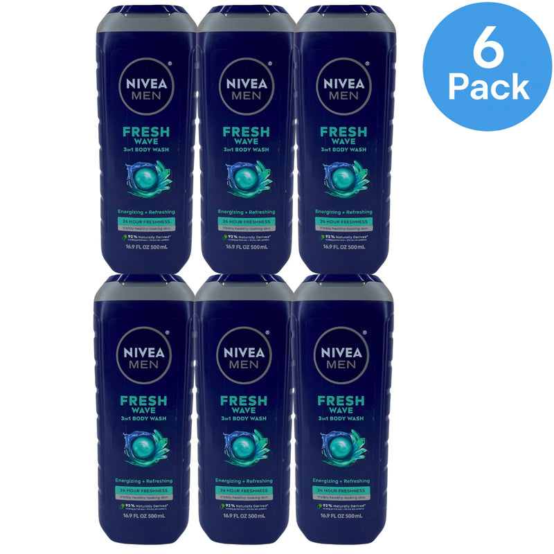 NIVEA MEN Fresh Wave 3 in 1 Body Wash 16.9 oz 6 Pack New