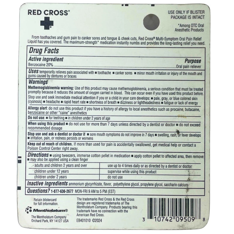 Red Cross Multi-Symptom Oral Pain Relief Liquid Kit Benzocaine 20% 1/8 Fl Oz 2 P