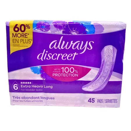 Always Discreet Incontinence Pads Extra Heavy Long 45-Ct 2-Pack New