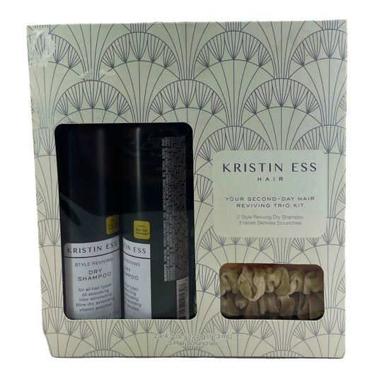 Kristin Ess Style Reviving Dry Shampoo Trio Kit with 2 sprays and 3 colorful scrunchies