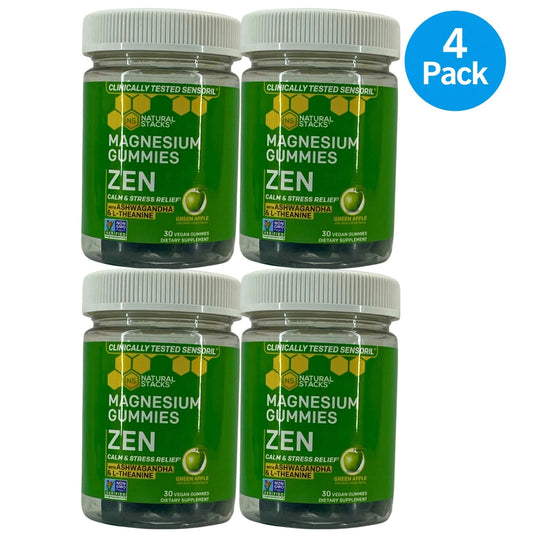 Natural Stacks ZEN Magnesium Gummies Ashwagandha Green Apple 30 Ct 4 Pack New