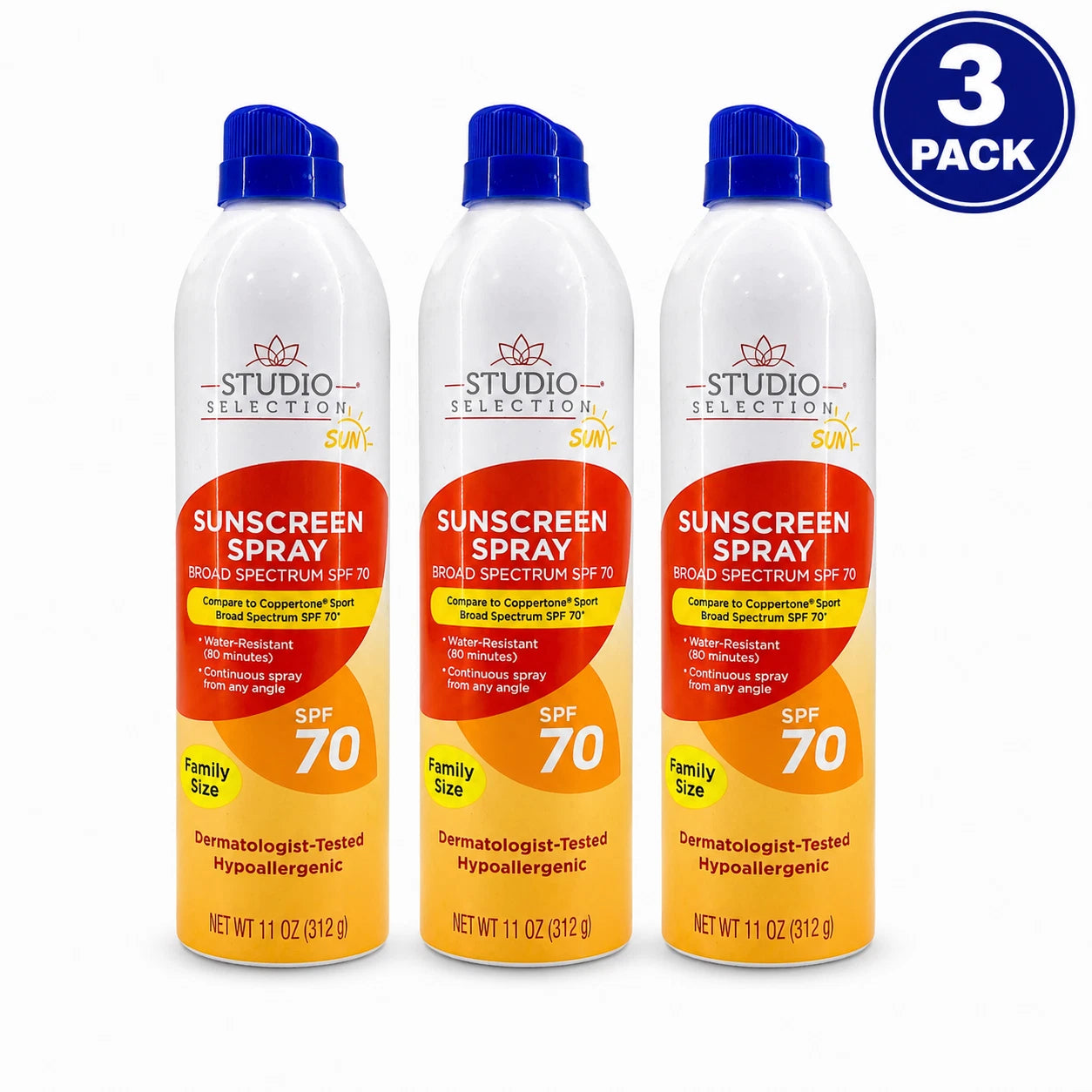 Studio Selection Sunscreen Spray SPF 70 Family Size 11 oz 3 Pack Exp: 10/26 1