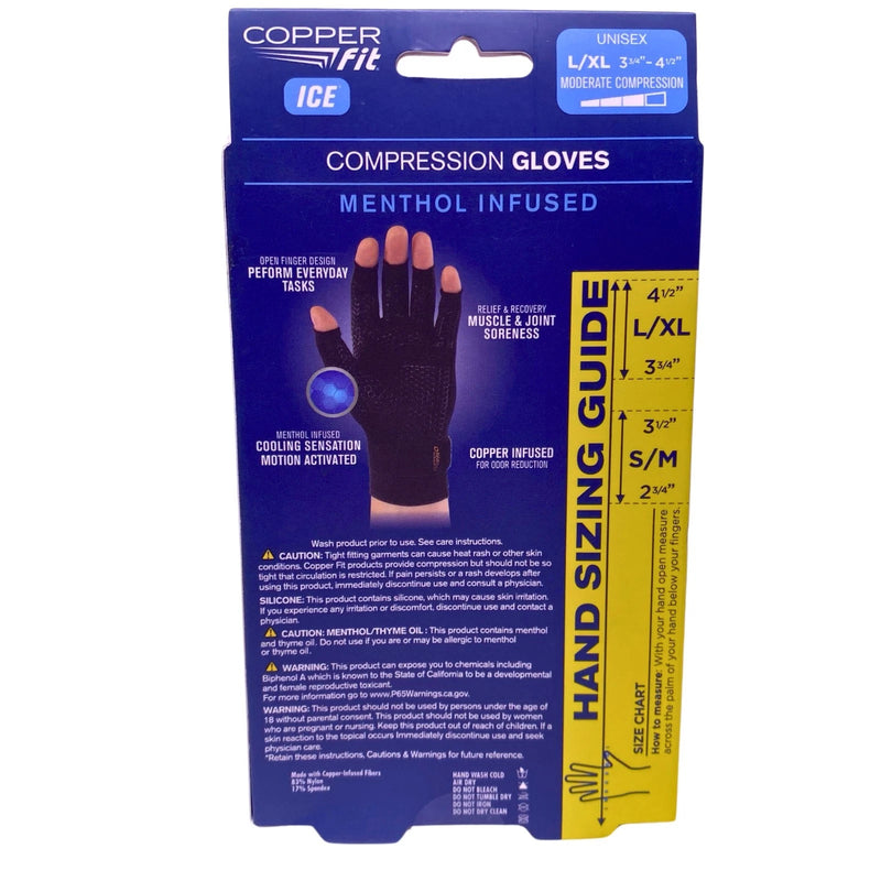 Copper Fit ICE Compression Gloves Menthol Infused Large Extra Large L/XL 1 Pack