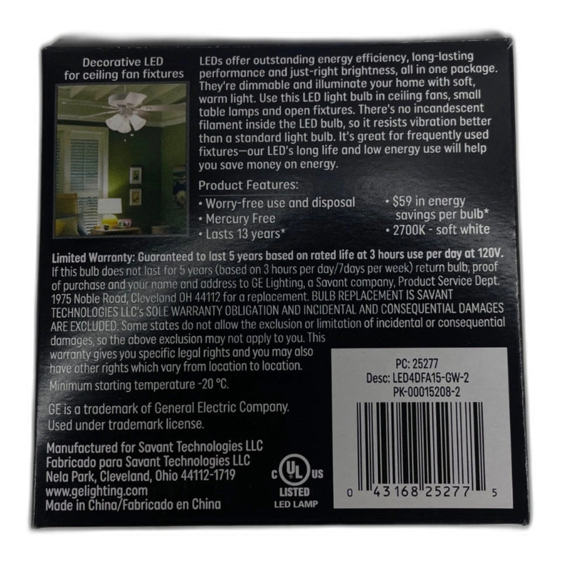 GE LED Soft White Ceiling Fan Bulbs A15 40W 4W 2 -4 Total Pack of 2 New