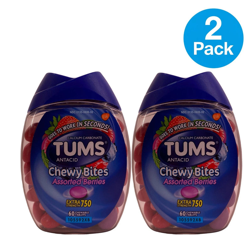 TUMS Extra Strength 750 Chewy Bites Assorted Berries 60 Ct 2 Pack New