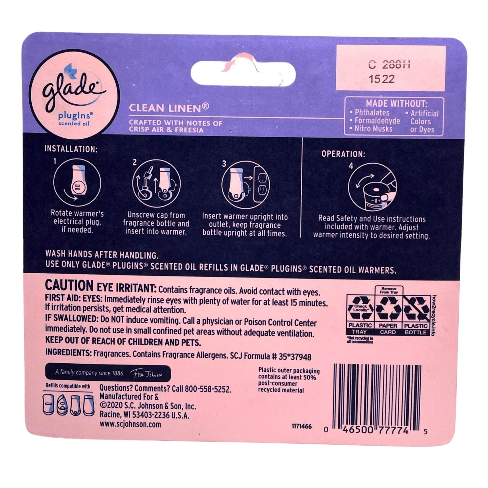 Glade PlugIns Scented Oil Clean Linen Refills 0.67 oz 3 Pack New