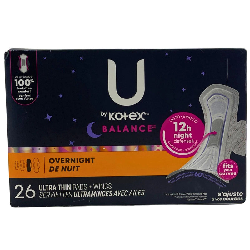 U by Kotex Balance Ultra Thin Pads Wings Overnight Absorbency 26ct 1 Pack New